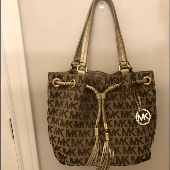 Michael Kors Marina Gathered Canvas Tote Bag With Tassels Gold - Picture 1 of 13